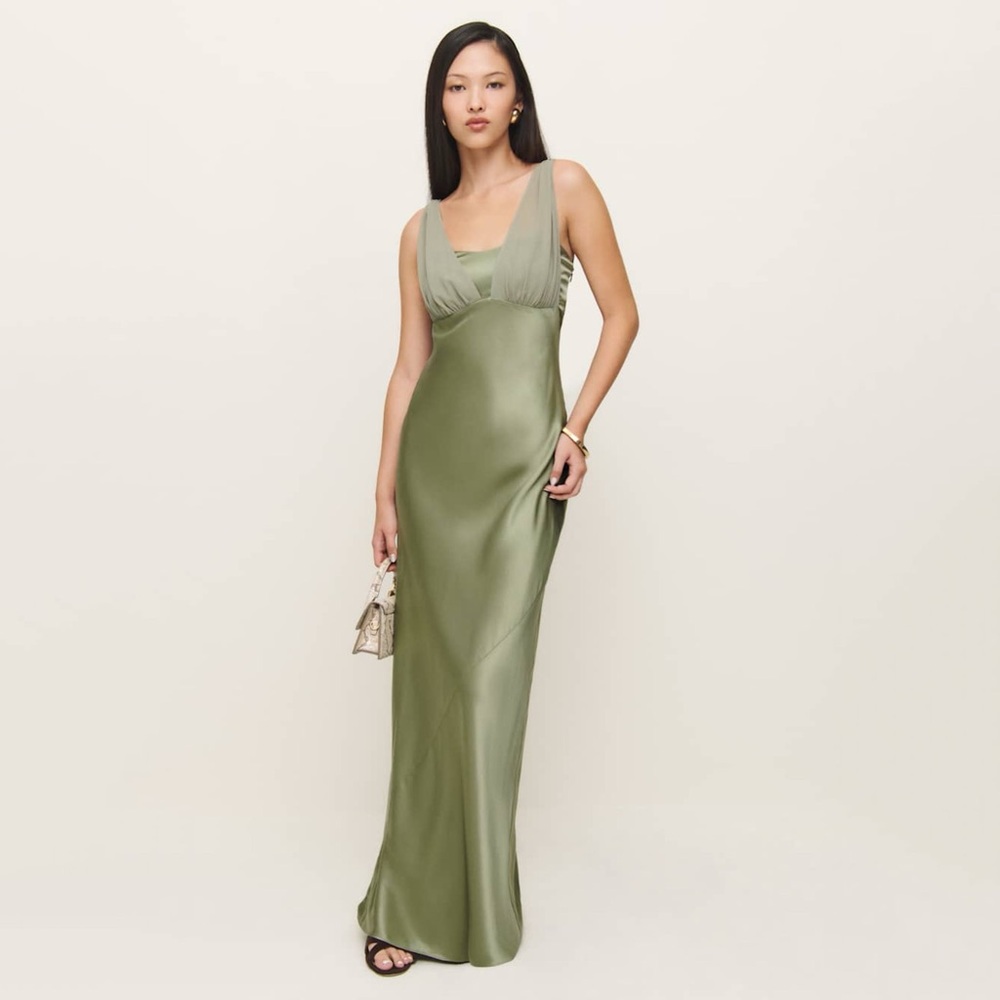 Reformation Lune Silk Dress in Artichoke
